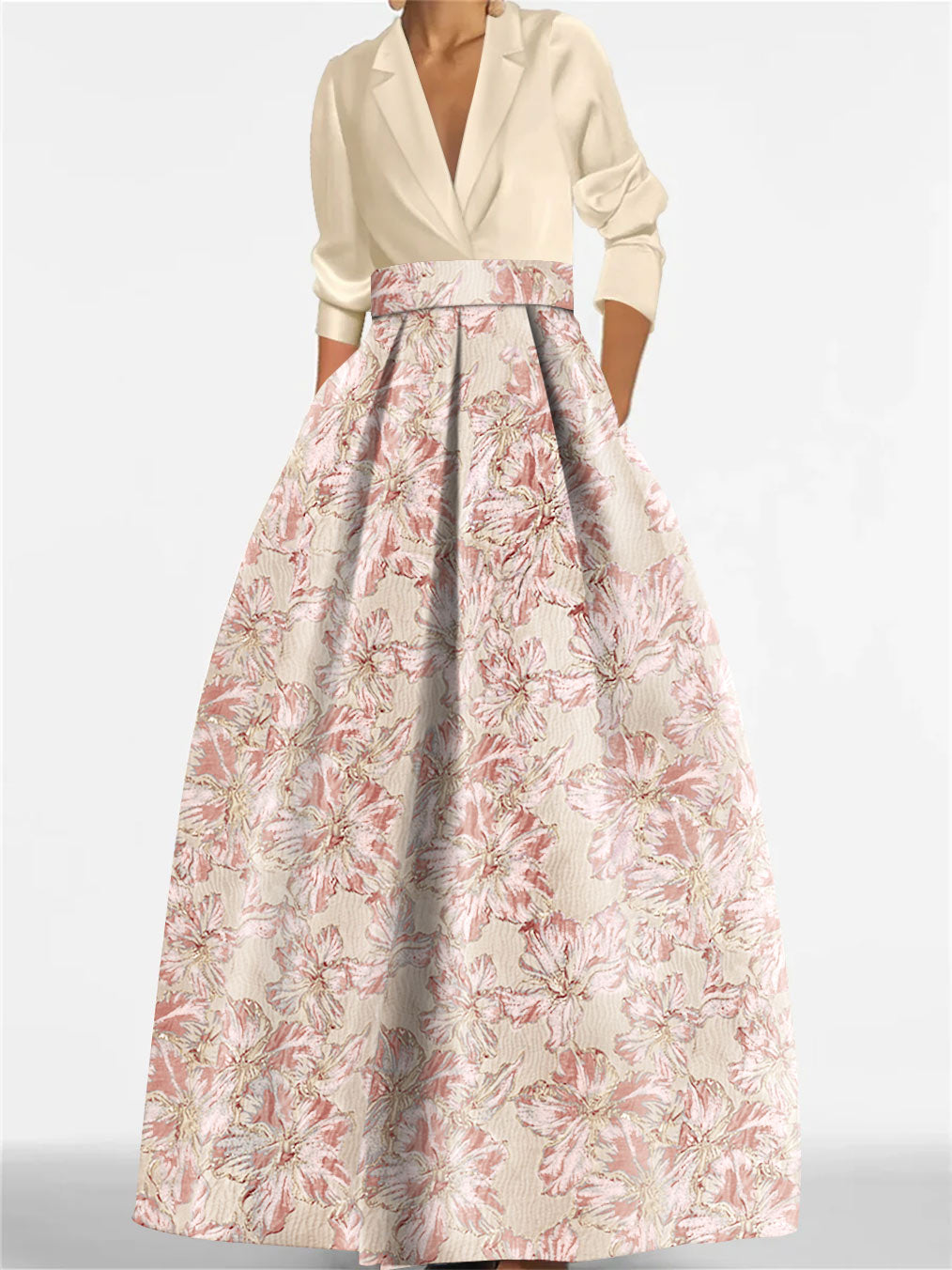 Printed Floral 3/4 Sleeve Shirt Collar A-Line Dress for Mother of the Bride & Groom-BMbridal