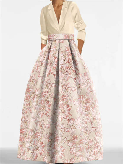 Printed Floral 3/4 Sleeve Shirt Collar A-Line Dress for Mother of the Bride & Groom-BMbridal