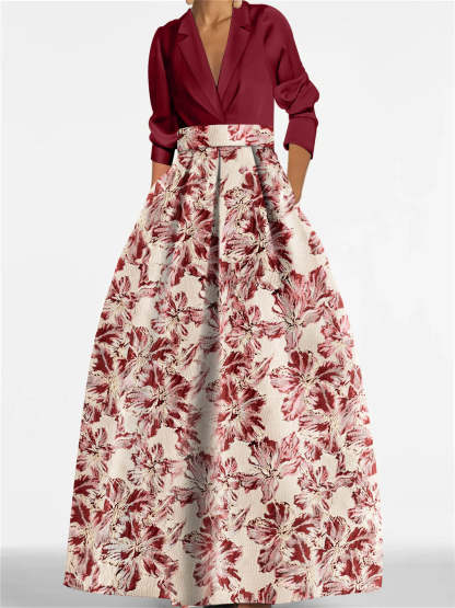 Printed Floral 3/4 Sleeve Shirt Collar A-Line Dress for Mother of the Bride & Groom-BMbridal