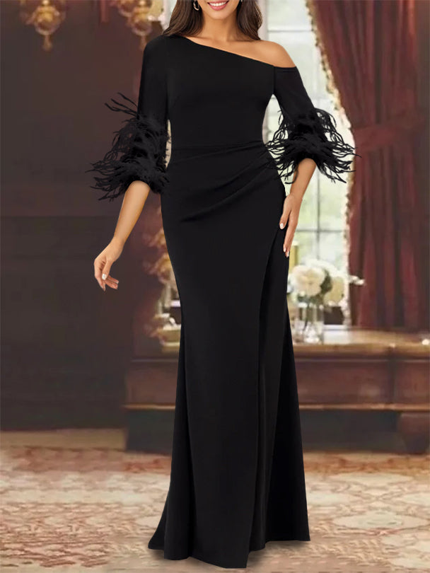 One-Shoulder Long-Sleeve Chiffon Trumpet/Mermaid Mother of the Bride Dress with Feathers