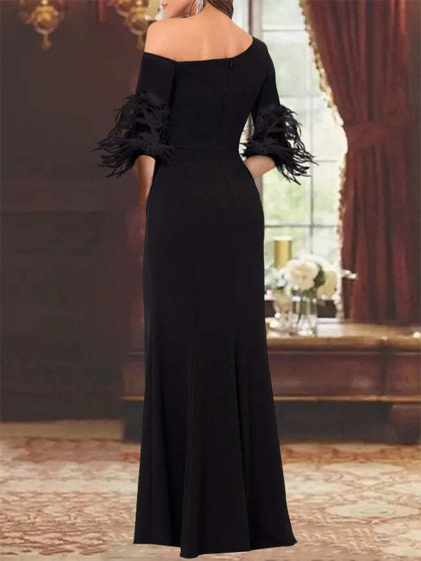 One-Shoulder Long-Sleeve Chiffon Trumpet/Mermaid Mother of the Bride Dress with Feathers