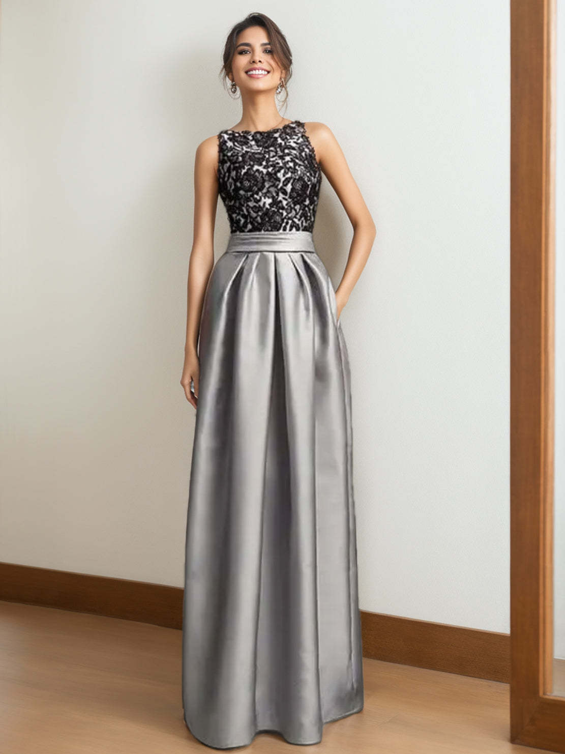 Princess A-Line Scoop Neck Sleeveless Pleated Mother of the Bride Dress with Lace Appliques-BMbridal