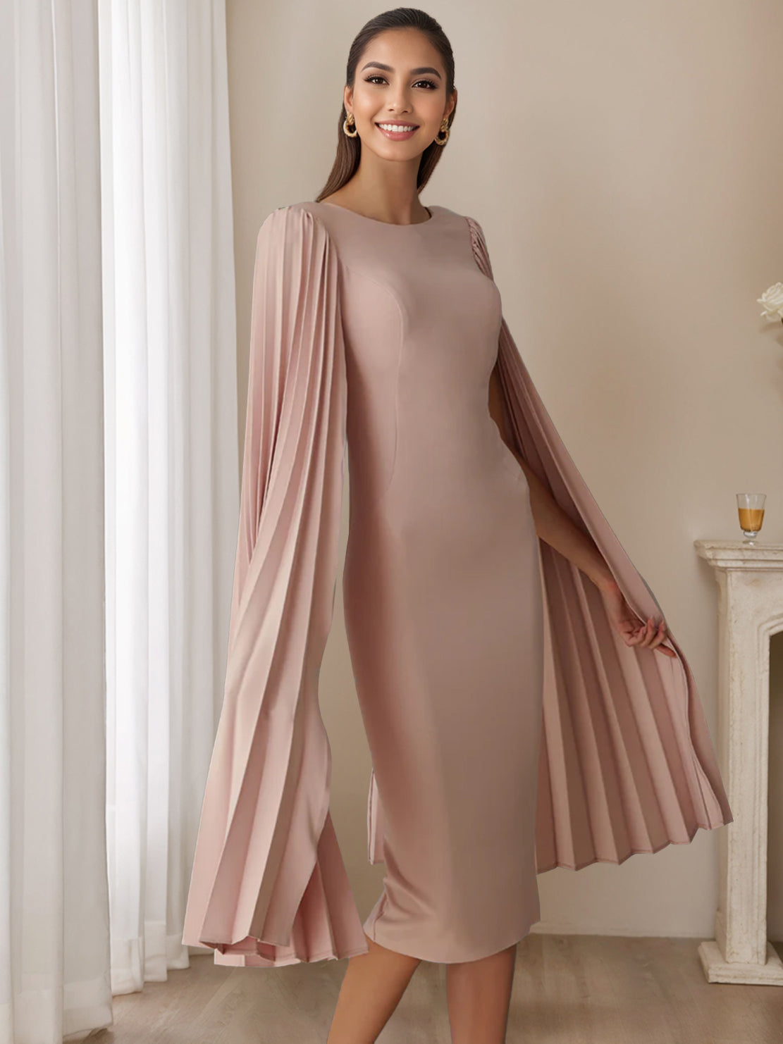 Pleated Long-Sleeve Tea-Length Sheath Dress for Mothers of the Bride & Groom-BMbridal