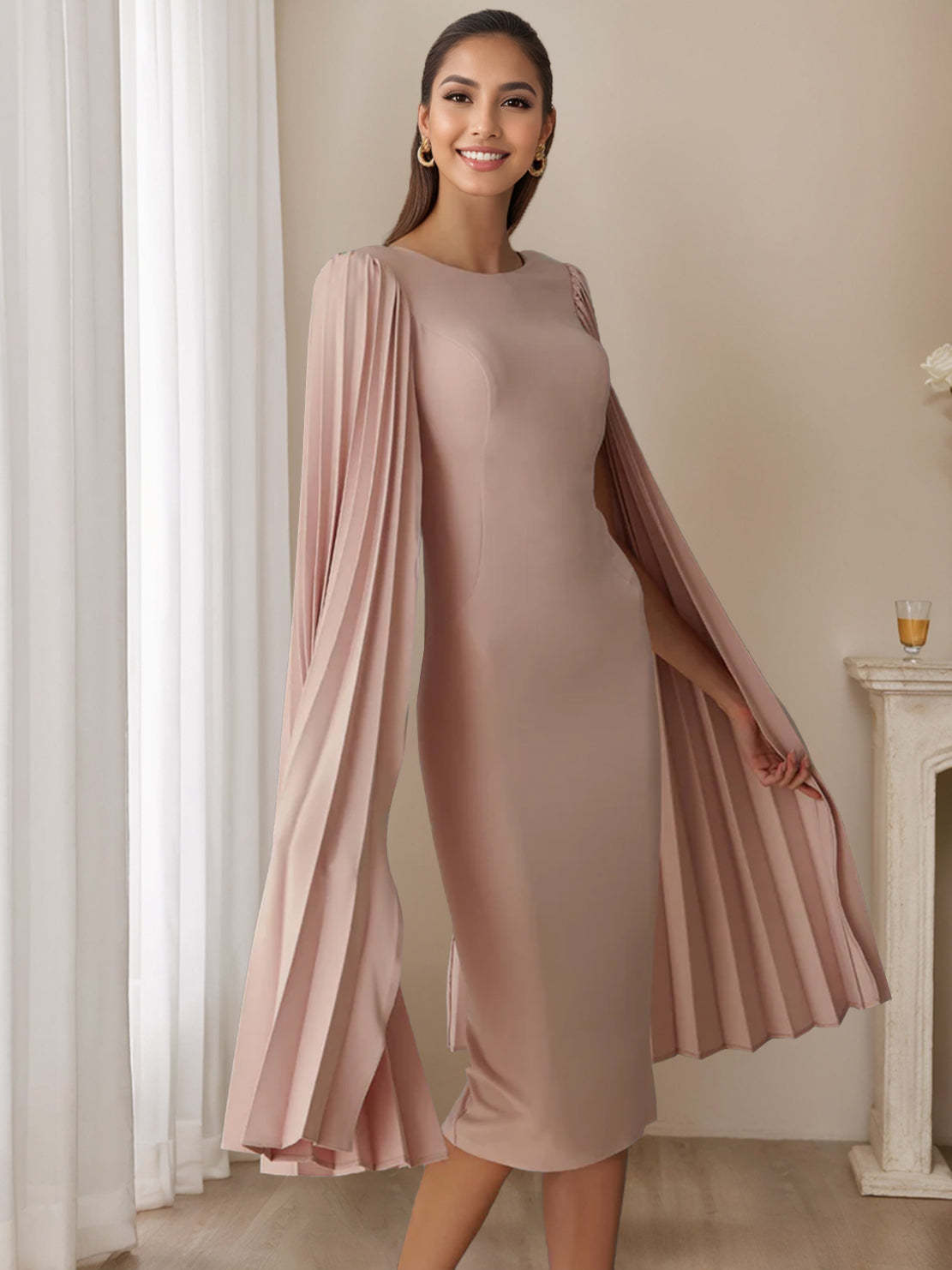 Pleated Long-Sleeve Tea-Length Sheath Dress for Mothers of the Bride & Groom-BMbridal