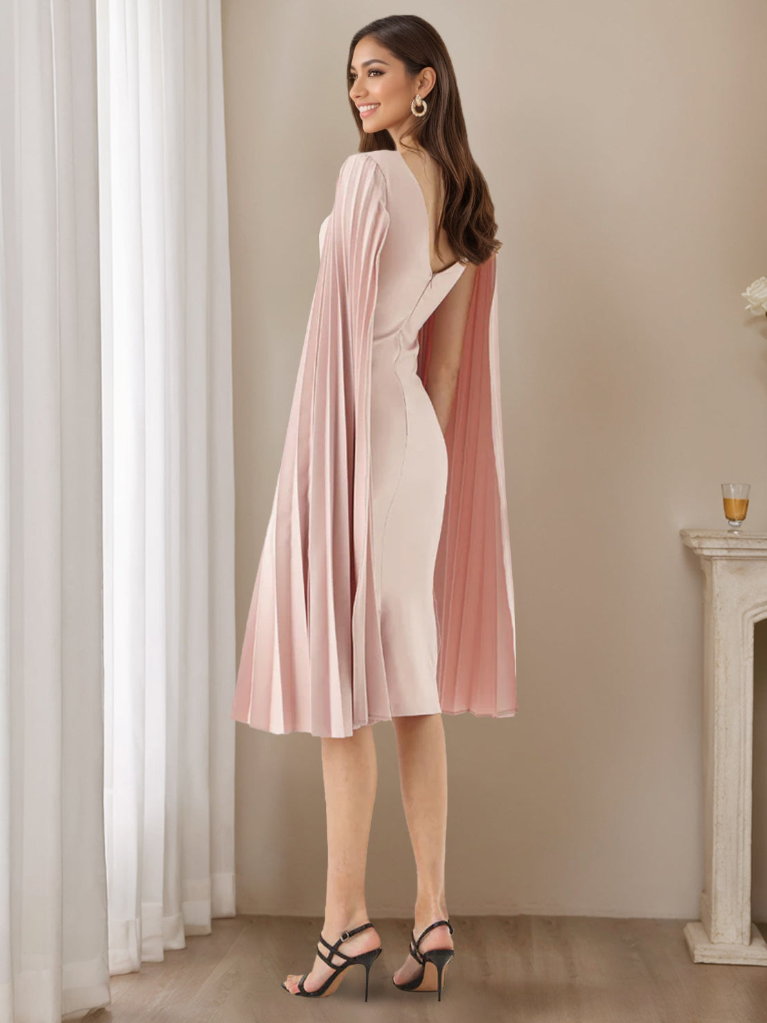 Pleated Long-Sleeve Tea-Length Sheath Dress for Mothers of the Bride & Groom-BMbridal