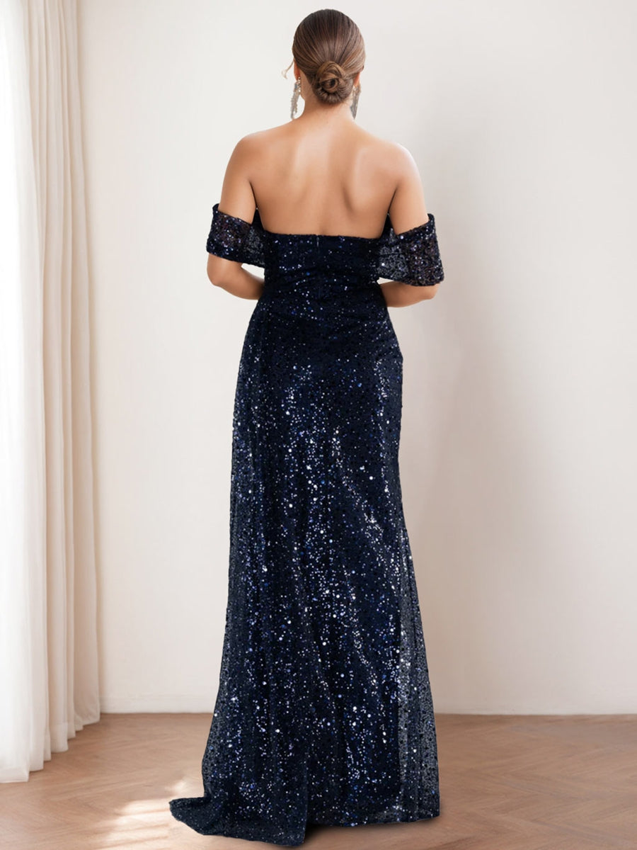 Off-the-shoulder Sequined Mother of the Bride & Groom Column Dress with Front Split-BMbridal