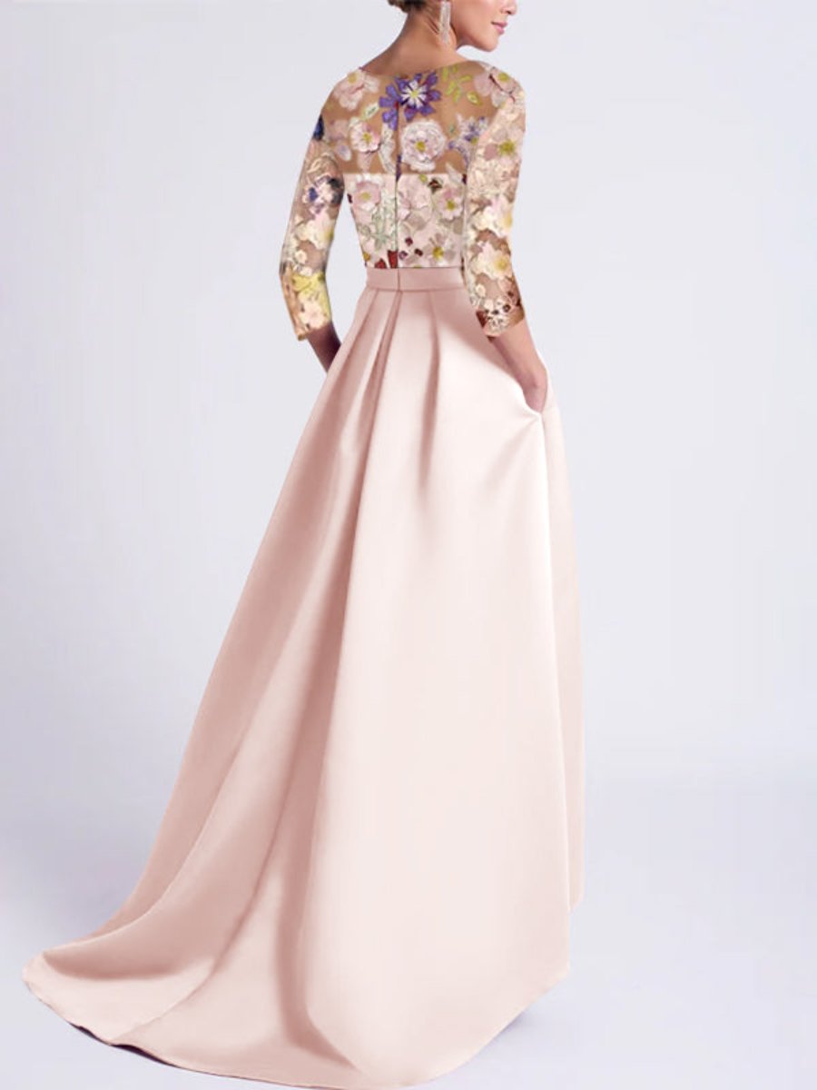 Asymmetrical A-Line Princess Scoop Mother of the Bride Dress with 3/4 Sleeves and Lace Appliques-BMbridal