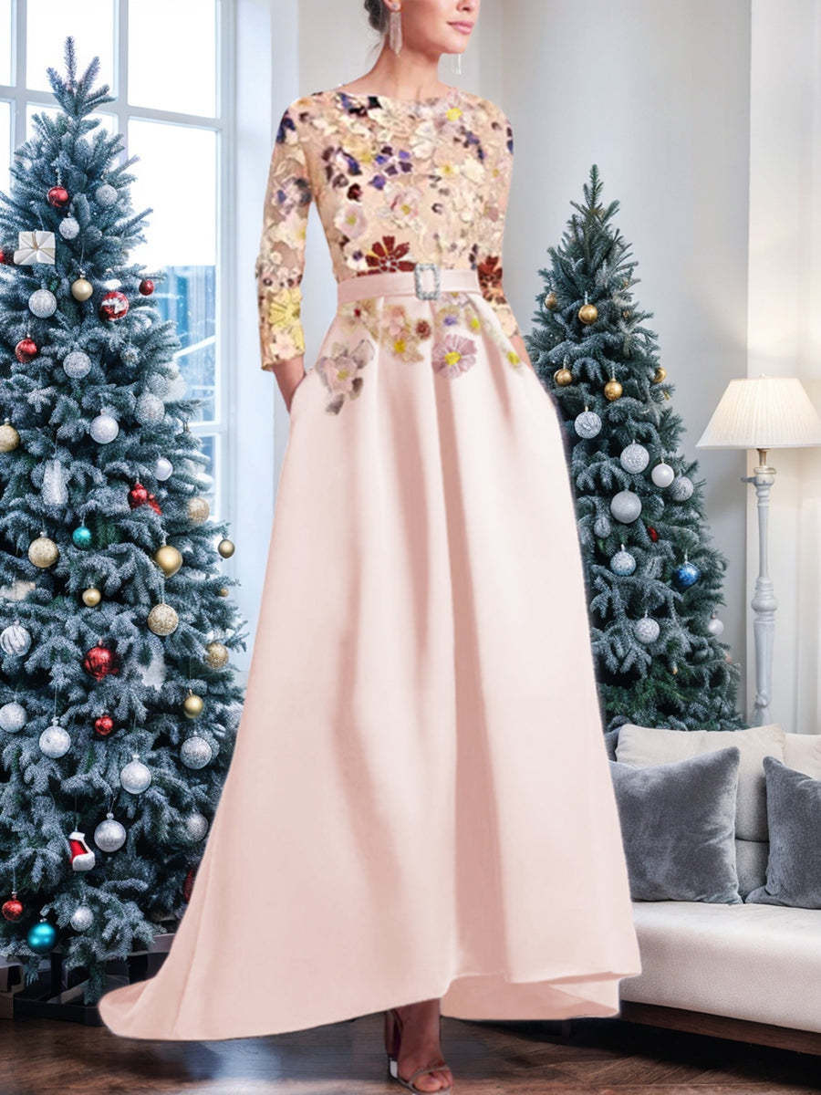 Asymmetrical A-Line Princess Scoop Mother of the Bride Dress with 3/4 Sleeves and Lace Appliques-BMbridal