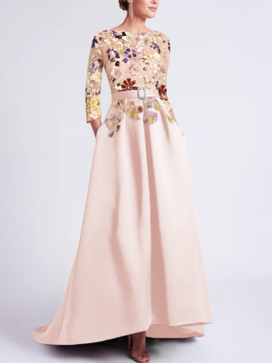 Asymmetrical A-Line Princess Scoop Mother of the Bride Dress with 3/4 Sleeves and Lace Appliques-BMbridal