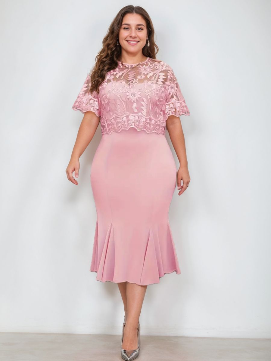 Plus Size Tea-Length Mother of the Bride Dresses with Appliques Trumpet/Mermaid Scoop Half Sleeves-BMbridal