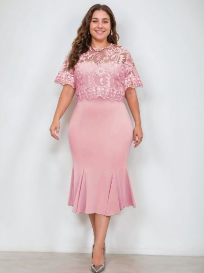 Plus Size Tea-Length Mother of the Bride Dresses with Appliques Trumpet/Mermaid Scoop Half Sleeves-BMbridal