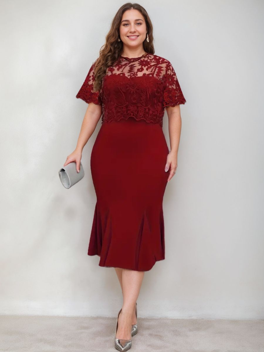 Plus Size Tea-Length Mother of the Bride Dresses with Appliques Trumpet/Mermaid Scoop Half Sleeves-BMbridal