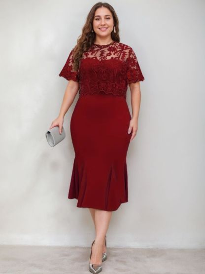 Plus Size Tea-Length Mother of the Bride Dresses with Appliques Trumpet/Mermaid Scoop Half Sleeves-BMbridal