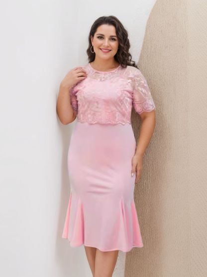 Plus Size Tea-Length Mother of the Bride Dresses with Appliques Trumpet/Mermaid Scoop Half Sleeves-BMbridal