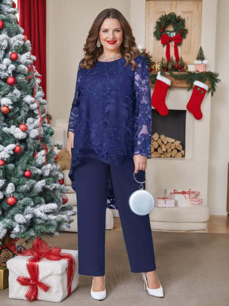 Plus Size Mother of the Bride Scoop Neck Chiffon Pantsuit with Appliques-BMbridal