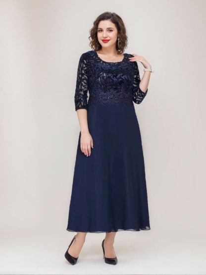 Princess A-Line Ankle-Length Plus Size Mother of the Bride Dress with Scoop 3/4 Sleeves and Appliques-BMbridal