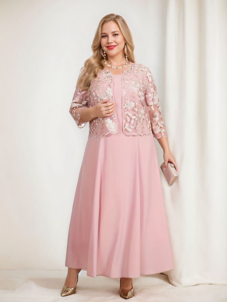 Plus Size Mother of the Bride A-Line/Princess Tea-Length Dress with 3/4 Sleeves Appliques & Jacket-BMbridal