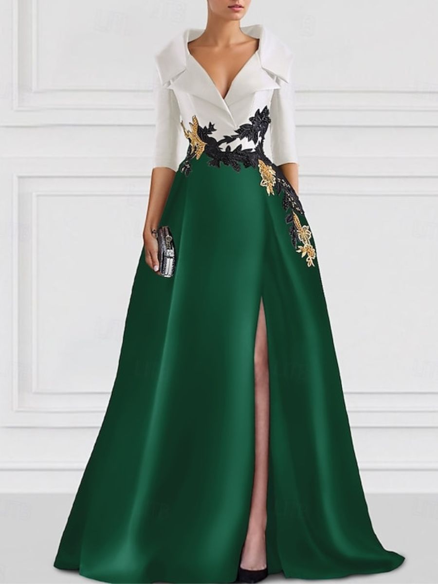 V-Neck A-Line Princess Floor-Length Mother of the Bride Dress with Side Split and Appliques-BMbridal