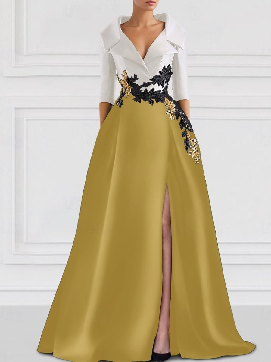 V-Neck A-Line Princess Floor-Length Mother of the Bride Dress with Side Split and Appliques-BMbridal