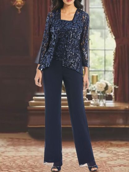 Ankle-Length 3-Piece Chiffon Pantsuit With Square Neck And Applique For Mother Of The Bride-BMbridal