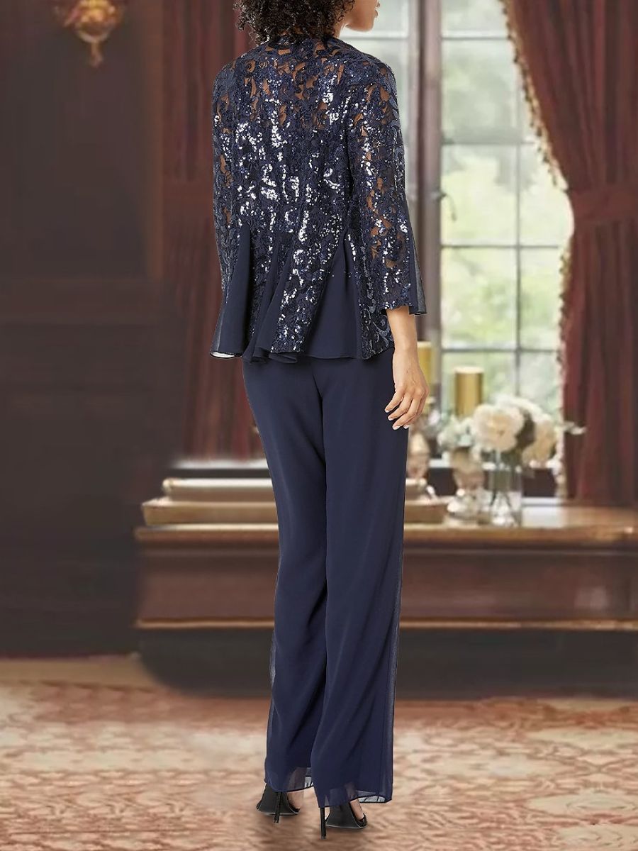 Ankle-Length 3-Piece Chiffon Pantsuit With Square Neck And Applique For Mother Of The Bride-BMbridal