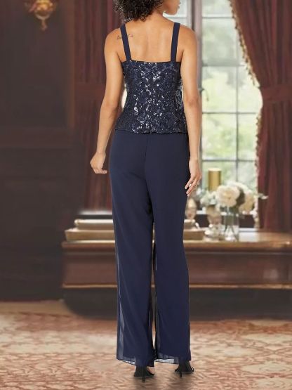 Ankle-Length 3-Piece Chiffon Pantsuit With Square Neck And Applique For Mother Of The Bride-BMbridal