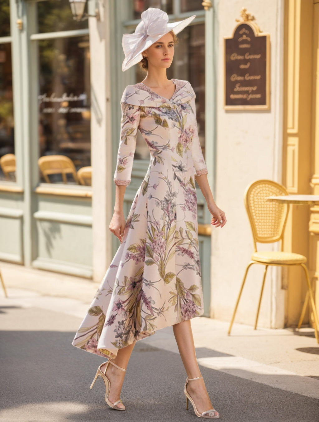 V-Neck A-Line Princess Dress with 3/4 Sleeves and Asymmetrical Floral Print for Mothers of the Bride & Groom-BMbridal