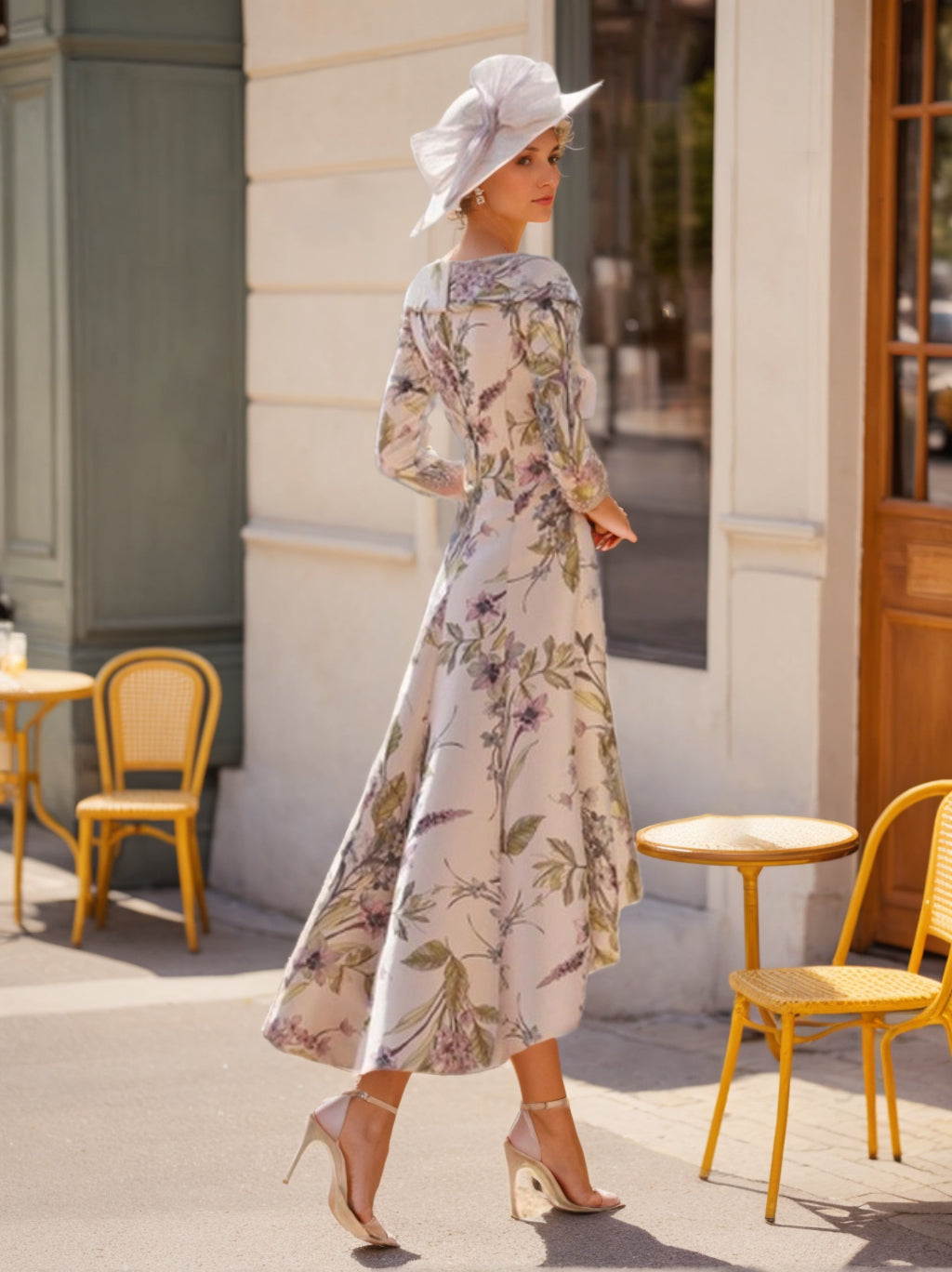 V-Neck A-Line Princess Dress with 3/4 Sleeves and Asymmetrical Floral Print for Mothers of the Bride & Groom-BMbridal