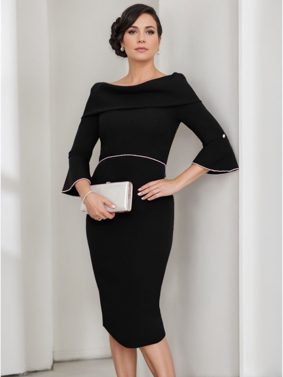 Cowl Neck Sheath/Column Dress with 3/4 Sleeves and Pearl Details for Mothers of the Bride & Groom-BMbridal