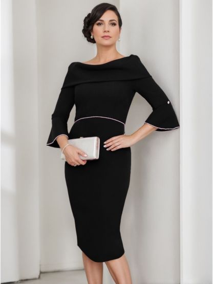 Cowl Neck Sheath/Column Dress with 3/4 Sleeves and Pearl Details for Mothers of the Bride & Groom-BMbridal