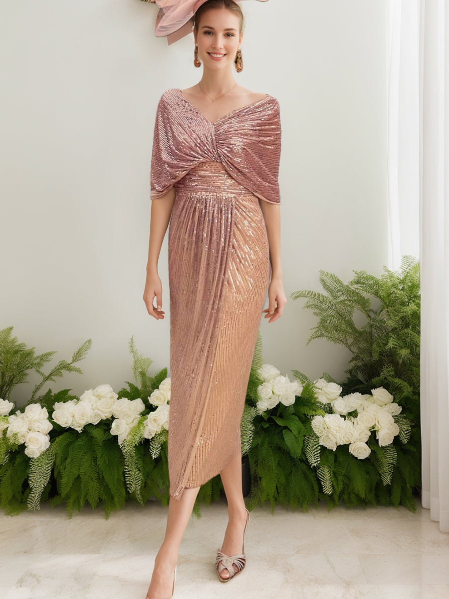 V-Neck Half-Sleeve Ruched Sheath Dress with Ruffle for Mothers of the Bride & Groom-BMbridal