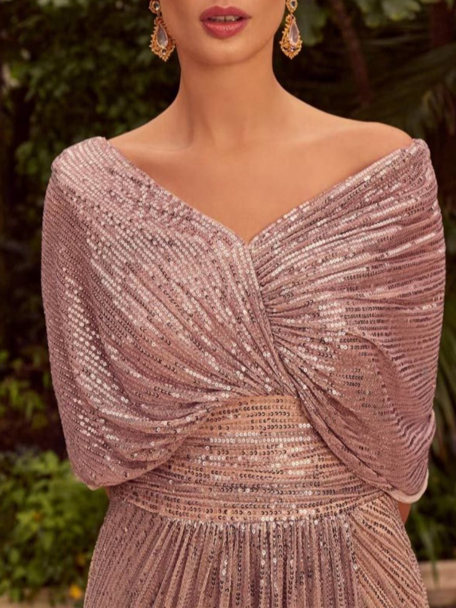 V-Neck Half-Sleeve Ruched Sheath Dress with Ruffle for Mothers of the Bride & Groom-BMbridal