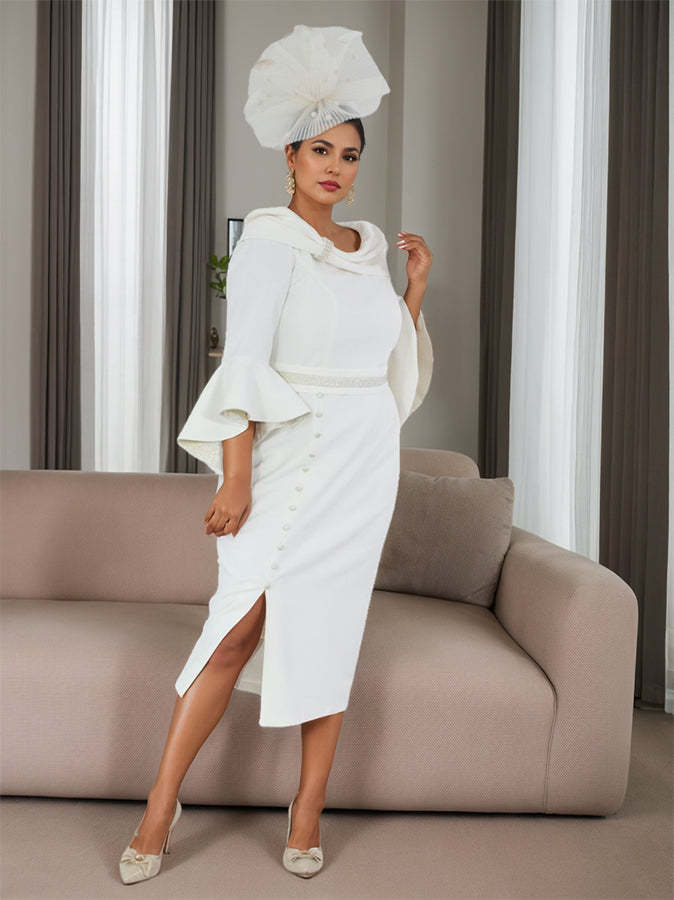 Plus Size Tea-Length Mother of the Bride Dress with 3/4 Sleeves Belt and Pearl Details-BMbridal