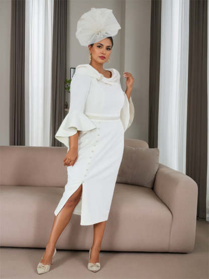 Plus Size Tea-Length Mother of the Bride Dress with 3/4 Sleeves Belt and Pearl Details-BMbridal