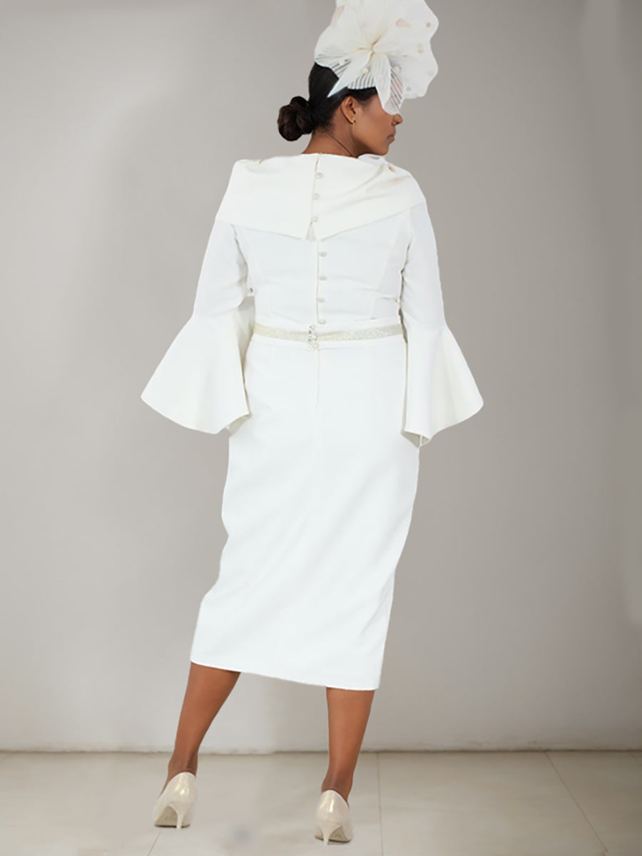 Plus Size Tea-Length Mother of the Bride Dress with 3/4 Sleeves Belt and Pearl Details-BMbridal