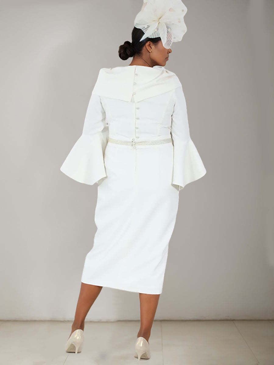 Plus Size Tea-Length Mother of the Bride Dress with 3/4 Sleeves Belt and Pearl Details-BMbridal