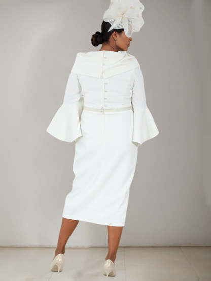 Plus Size Tea-Length Mother of the Bride Dress with 3/4 Sleeves Belt and Pearl Details-BMbridal