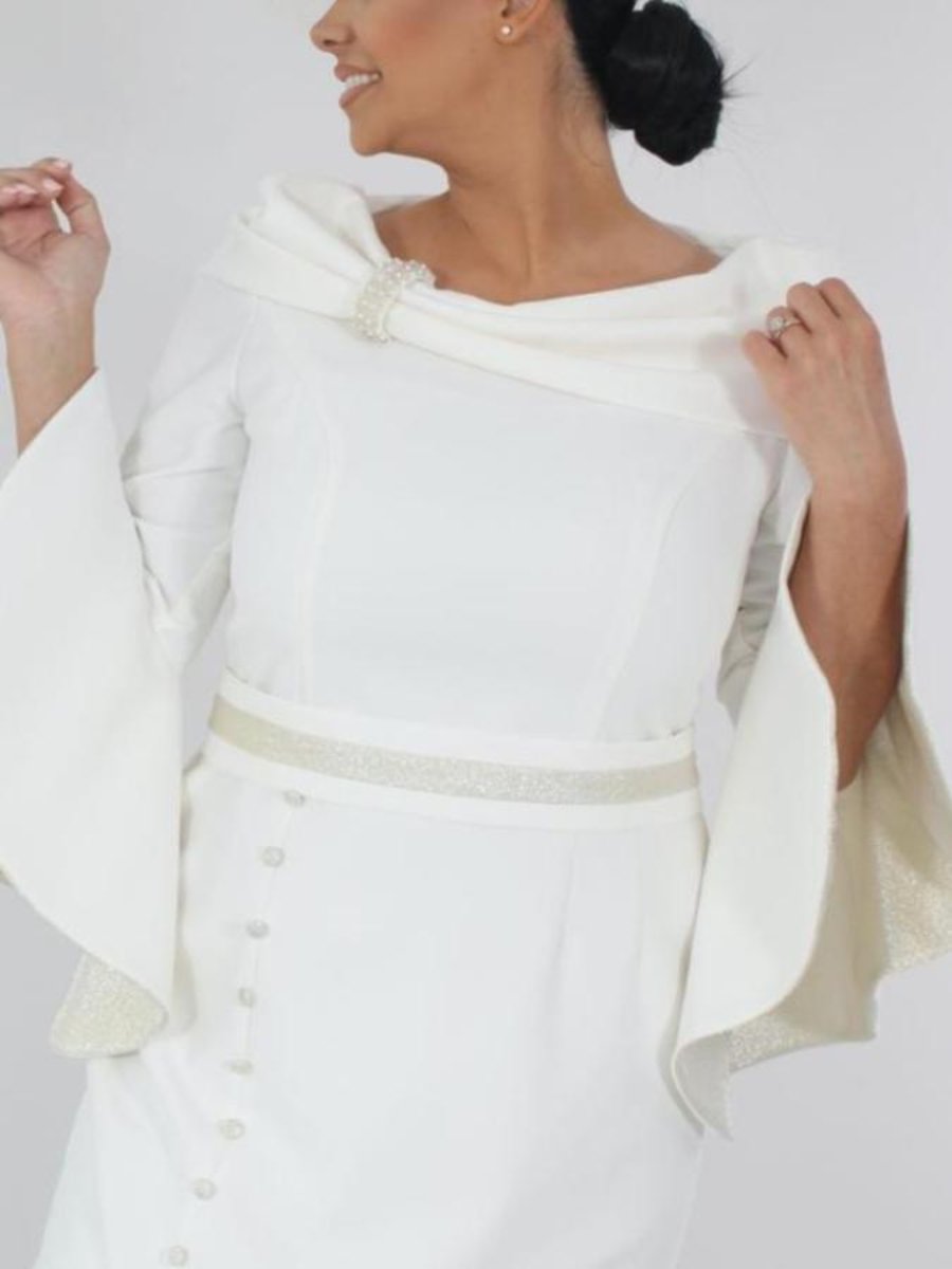 Plus Size Tea-Length Mother of the Bride Dress with 3/4 Sleeves Belt and Pearl Details-BMbridal