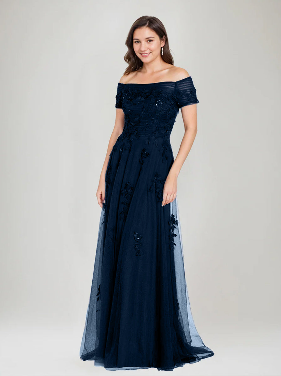 Sleeveless Off-the-Shoulder A-Line Dresses for Mother of the Bride & Groom with Appliques-BMbridal