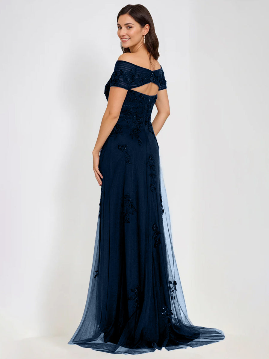 Sleeveless Off-the-Shoulder A-Line Dresses for Mother of the Bride & Groom with Appliques-BMbridal