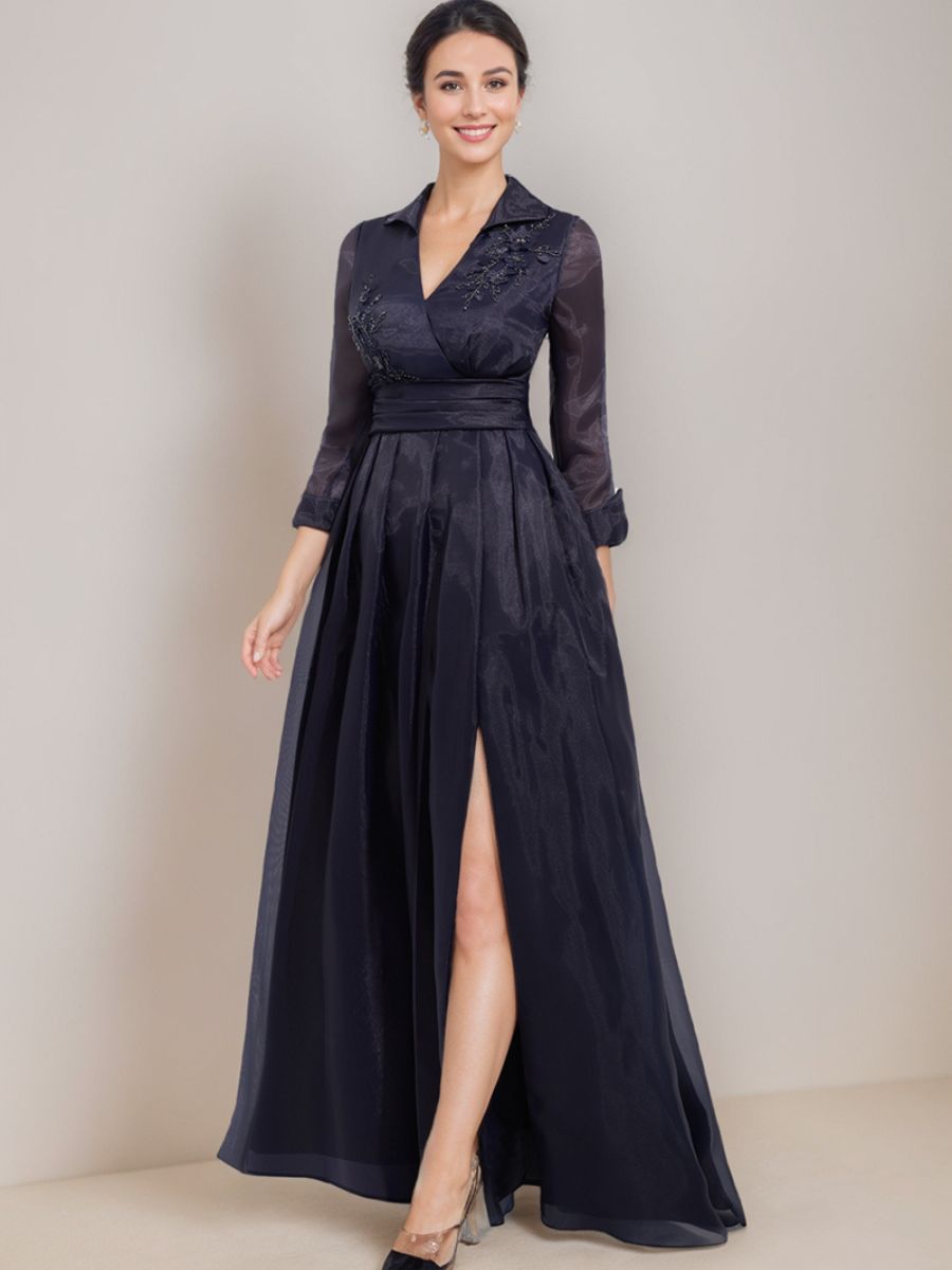 Floor-Length A-Line Mother Of The Bride Dress with V-Neck 3/4 Sleeves Appliques & Side Slit-BMbridal
