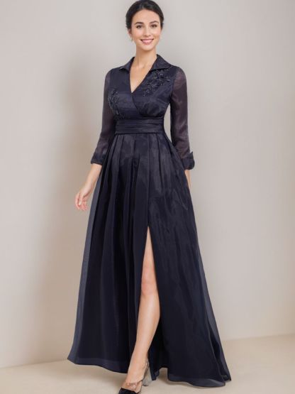 Floor-Length A-Line Mother Of The Bride Dress with V-Neck 3/4 Sleeves Appliques & Side Slit-BMbridal