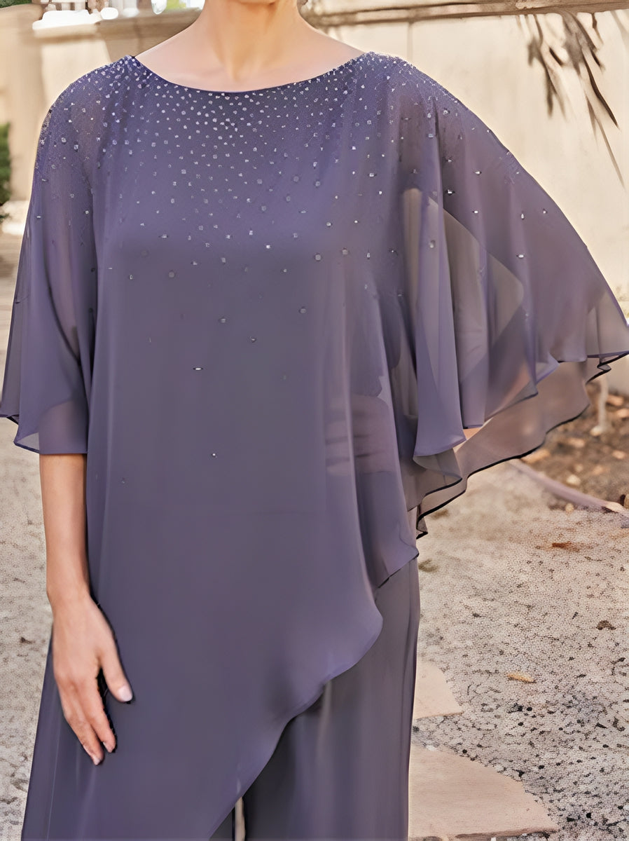 Mother of the Bride 2-Piece Chiffon Pantsuit with 3/4 Sleeves and Rhinestones