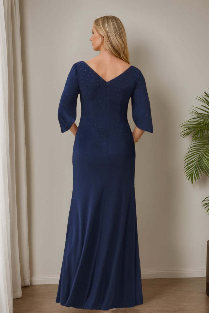 Mother of the Bride & Groom V-Neck Trumpet/Mermaid Dresses with Half Sleeves High Split and Beading-BMbridal