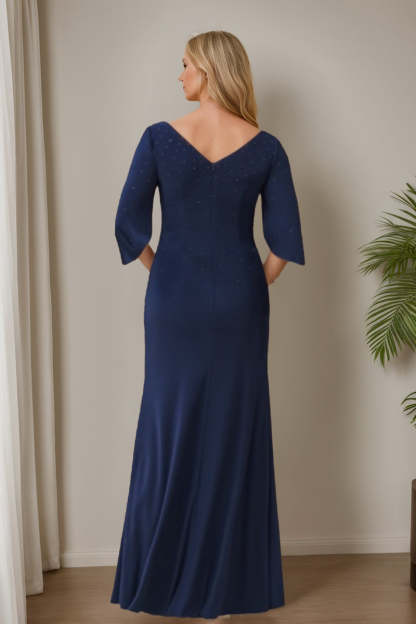 Mother of the Bride & Groom V-Neck Trumpet/Mermaid Dresses with Half Sleeves High Split and Beading-BMbridal