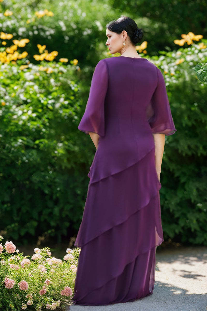 V-Neck A-Line Chiffon Mother of the Bride Dress with 3/4 Sleeves and Ruffles-BMbridal