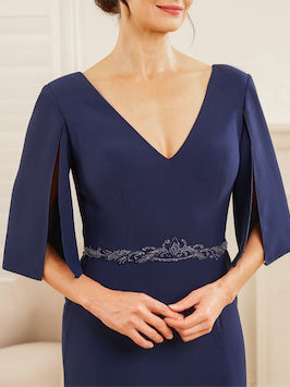 V-Neck Half-Sleeve Sheath/Column Dress for Mothers of the Bride & Groom with Appliques and Side Split-BMbridal