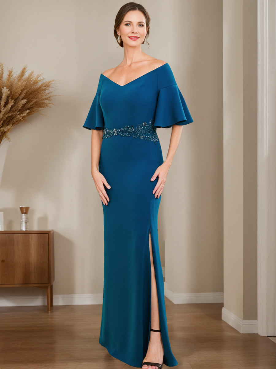 Off-the-Shoulder Sheath/Column Dress for Mothers of the Bride & Groom with Appliques and Side Split-BMbridal
