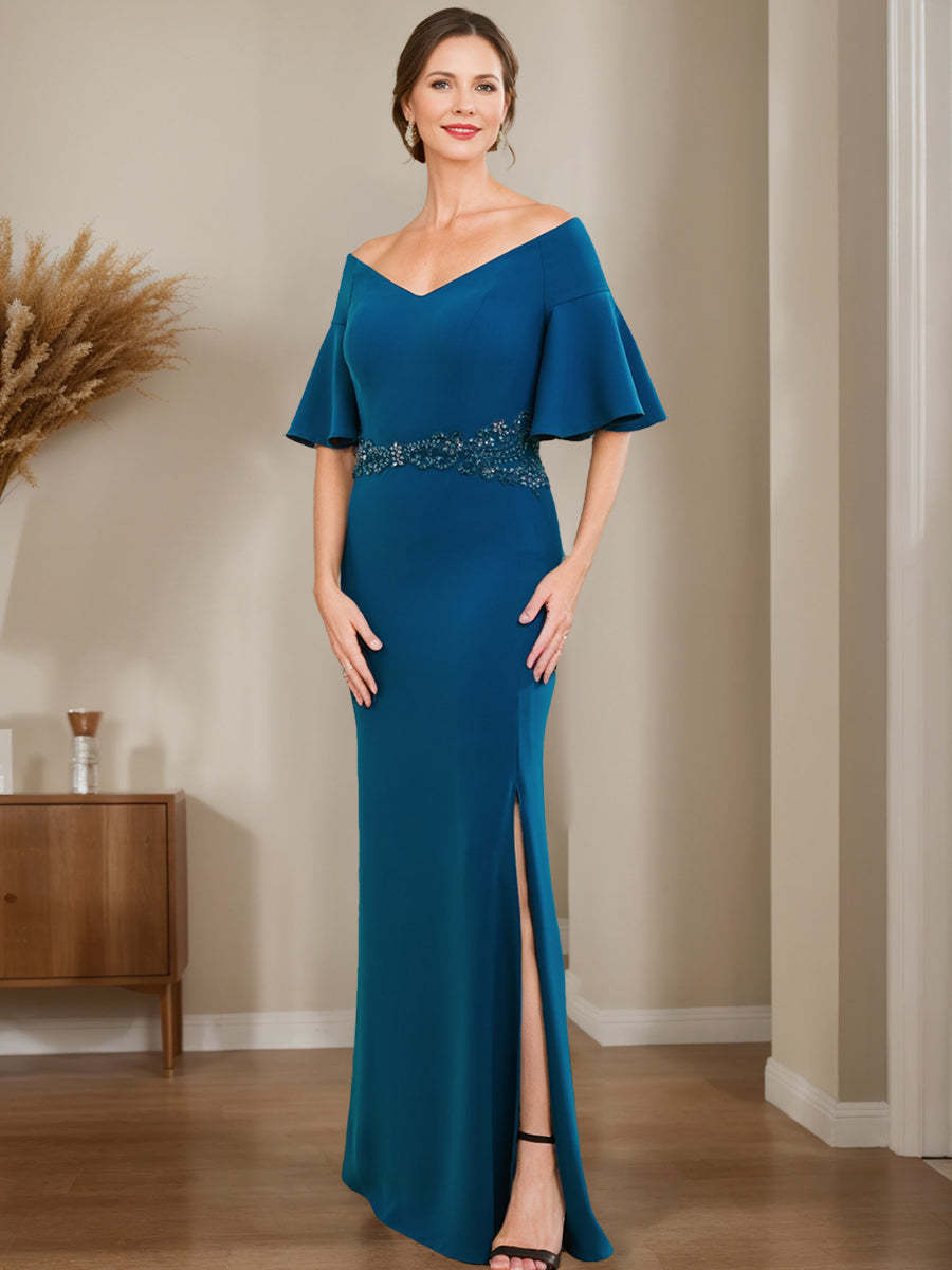 Off-the-Shoulder Sheath/Column Dress for Mothers of the Bride & Groom with Appliques and Side Split-BMbridal