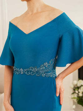 Off-the-Shoulder Sheath/Column Dress for Mothers of the Bride & Groom with Appliques and Side Split-BMbridal